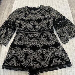 Alexis Black and White Lace Romper with White Embroidery